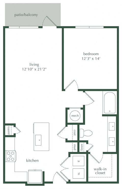 Floor plan for 1 bed, 1 bath, 852 sqft